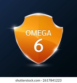Omega 6 or Fatty Acid in translucent glass shield modern orange. Nutrients vitamins vegetable fat. For design dietary supplement products. Medical health care immunity protection concept. 3D Vector.