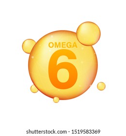 Omega 6 gold icon. Vitamin drop pill capsule. Shining golden essence droplet. Vector illustration.