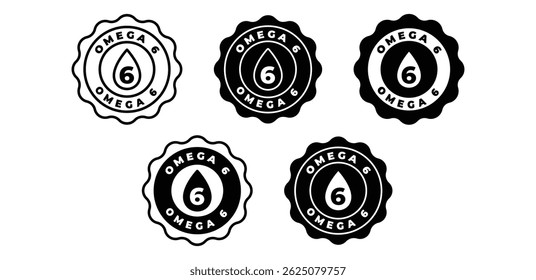 Omega 6 Icons Set Black and White Color Badge Stamp Round Shape Vector Design Template