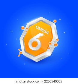 Omega 6 en forma de octogono naranja y átomo alrededor. Etiqueta de logotipo nutrición plata 3D aislada en fondo azul. Utilizado para el diseño de productos alimenticios. Aceite de pescado poliinsaturado nutriente graso. EPS10 vectores.