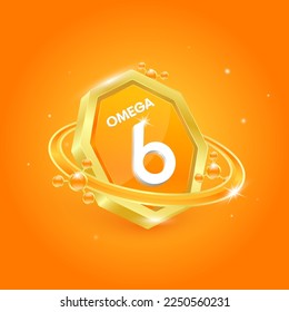 Omega 6 in octagon orange shape and atom orbit around. Logo label nutrition 3D gold. Used for products food design. Fish oil polyunsaturated fatty nutrient. Isolated Vector EPS10.