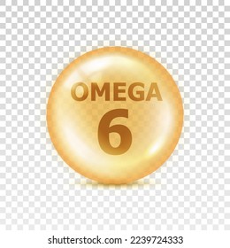 Omega 6. Set fish fatty. Vitamin isolated on transparent background. Nutrient icon. Yellow orb pil. Big shape glass circle. Oil 3d bubble. Round sphere concentrate nutrition. Vector illustration