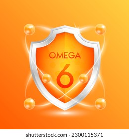 Omega 6 shield with orange atom. Vitamins and minerals nutrients protect the body stay healthy. For nutrition products food. Medical scientific concepts. 3D Vector illustration.