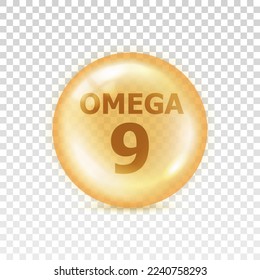 Omega 9. Set fish fatty. Vitamin isolated on transparent background. Nutrient icon. Yellow orb pil. Big shape glass circle. Oil 3d bubble. Round sphere concentrate nutrition. Vector illustration