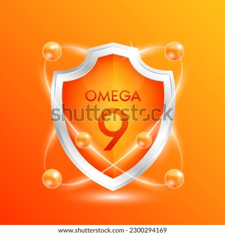 Omega 9 shield with orange atom. Vitamins and minerals nutrients protect the body stay healthy. For nutrition products food. Medical scientific concepts. 3D Vector illustration.