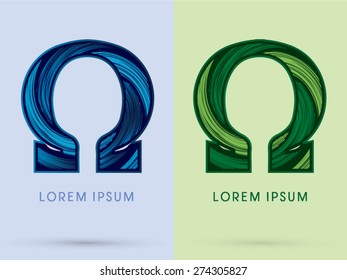 Omega ,Abstract , font, concept Spin water, wind and natural, designed using blue and green grunge brush,sign 