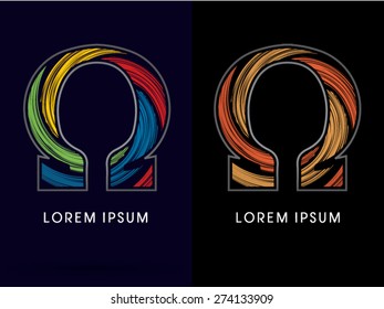 Omega ,Abstract , font, concept Spin,designed using colors and gold silver bronze grunge brush,sign ,logo, symbol, icon, graphic, vector.