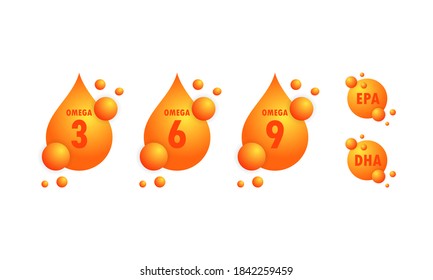 Omega Acids. EPA, DHA Drops Set. Omega Three, Six And Nine. Organic Vitamin. Fish Oil Gold Capsule. Golden Drops. Vector On Isolated White Background. EPS 10