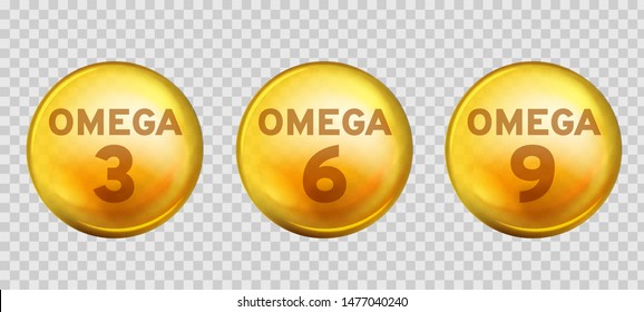 Omega acids. Healthy food supplements fatty acid epa dha 3, 6 and 9 organic vitamin nutrient fish oil, diet golden drops vector 3d benefits gold three design image