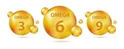 Omega Acids Three Six And Nine. Polyunsaturated Fatty Omega-3, Omega-6, Omega-9. Fish Oil Pills. Natural Fish, Organic Vitamin, Nutrient. Vector Realistic Capsules