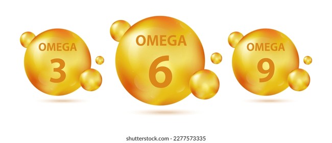 Omega acids three six and nine. Polyunsaturated fatty Omega-3, Omega-6, Omega-9. Fish oil pills. Natural fish, organic vitamin, nutrient. Vector realistic capsules