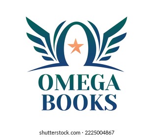 Omega books logo design. Education logo with Omega symbol and wing, star icons. Letter Omega of Greek alphabet stylized. Symbolizes the power of knowledge. School university knowledge learning symbol.