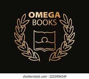 Omega books logo inspiration. Education logo with open book Omega symbol laurel branch. Letter Omega of Greek alphabet stylized. Academic books icon School university academy knowledge learning symbol