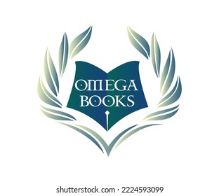 Omega books vector logo design. Modern education logo. Open book and laurel branch icons. Symbolizes the great power of knowledge, development of education. Education, learning, knowledge logotype.