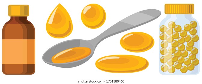 Omega de la ilustración vectorial de la cápsula sobre fondo blanco. La caricatura aislada pone un ícono de grasa de pez. Icono del conjunto de dibujos animados vectores omega de la cápsula.