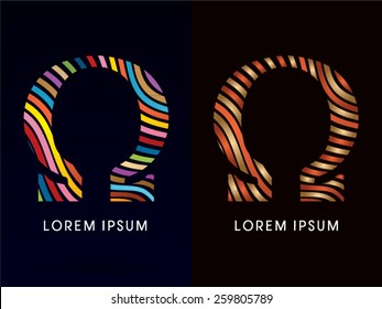 Omega ,colorful font and luxury font ,designed using colorful line on dark background, concept move, wave, water, freestyle, happy, fun, joy, fantasy ,logo, symbol, icon, graphic, vector.