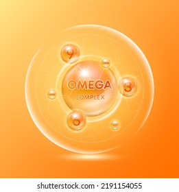 Omega complex DHA EPA. Fish oil and minerals vitamins capsules isolated on orange background vector. Dietary supplement for pharmacy advertisement package design. Science medic concept.