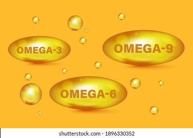 Omega Fatty Acid, EPA, DHA. Vitamin drop pill capsule Omega-3, Omega-6, Omega-9. Polyunsaturated fatty. Natural Fish. Fatty acids oil drop icons, Organic Vitamin, Nutrient