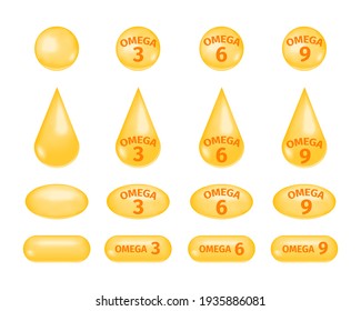 Omega fatty acids 3, 6 and 9. Golden drops and pills of fish oil set. Polyunsaturated fats icons isolated on white background. Vector realistic illustration.