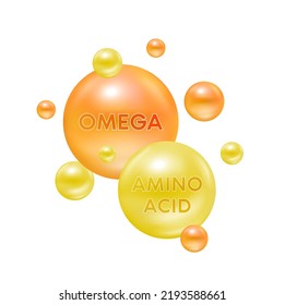 Omega Fish Oil And Amino Acid Isolated On White Background Vector. Minerals Vitamins Complex. Dietary Supplement For Pharmacy Advertisement Package Design. Science Medic Concept.