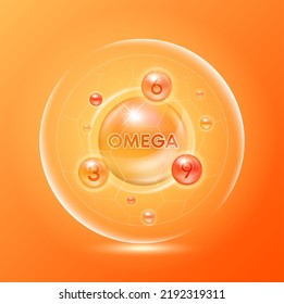 Omega Fish Oil Capsules Isolated On Orange Background Vector. Minerals Vitamins Complex. Dietary Supplement For Pharmacy Advertisement Package Design. Science Medic Concept.