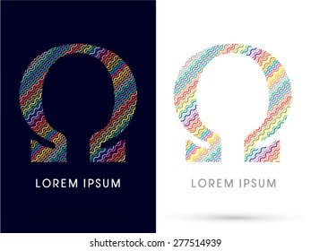 Omega ,font, designed using colorful zigzag line, graphic, vector.