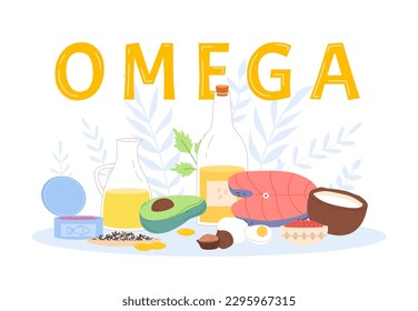 Omega food ingredients. Vitamins concept, raw salmon, avocado and oil in bottle. Coconut, seeds and greens. Isolated fresh healthy vector elements