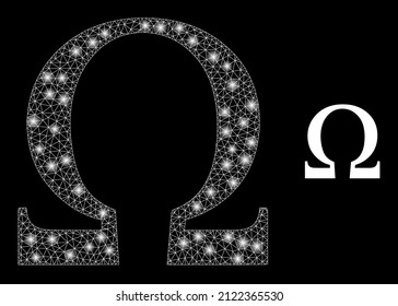 Omega Greek letter icon and constellation mesh net Omega Greek letter model with illuminated light spots. Illuminated model is created using Omega Greek letter vector icon and polygonal mesh.