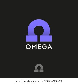 Omega Greek letter. Omega origami logo, like ribbon. Abstract monogram. 