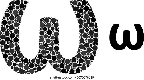 Omega Greek lowercase symbol vector composition of round dots in variable sizes and color tints. Round dots are composed into Omega Greek lowercase symbol vector collage. Abstract vector illustration.