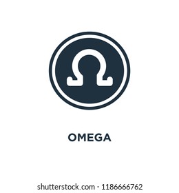 Omega icon. Black filled vector illustration. Omega symbol on white background. Can be used in web and mobile.