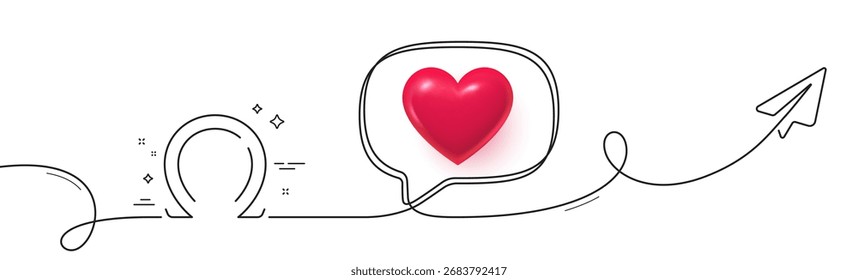 Omega line icon. Continuous line with share plane. Last Greek letter sign. Ohm electrical resistance symbol. 3d heart in speech bubble. Omega single line ribbon. Loop curve pattern. Vector