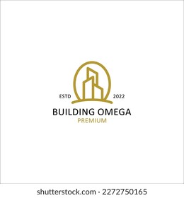 A omega logo design template. Awesome omega with building logo. A omega with building lineart logotype.