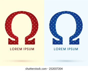 Omega ,Luxury font, designed using red and blue line geometric shape, idea from wicker,basket ,woven, ribbons, jewelry, diamond ,rope, logo, symbol, icon, graphic, vector.