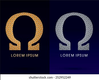 Omega , Luxury font, designed using gold and silver line  on dark background, idea from wicker, basket , ribbons, jewelry, logo, symbol, icon, graphic, vector.