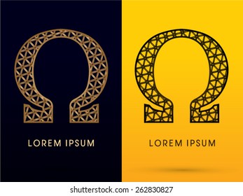 Omega ,Luxury font, designed using gold and black triangle geometric shape. on dark and yellow  background, sign ,logo, symbol, icon, graphic, vector.