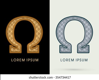 Omega Luxury Font designed using gold and silver geometric pattern graphic vector.