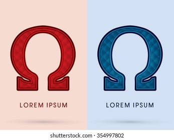 Omega Luxury Font designed using read and blue, hot and cool tone, geometric pattern graphic vector.