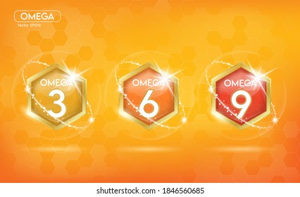 Omega Nutrients set. Shining golden essence droplet. Beauty treatment nutrition skin care design. Vector illustration.