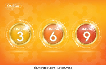 Omega Nutrients and Vitamin. Shining golden essence droplet. Beauty treatment nutrition skin care design. Vector illustration.