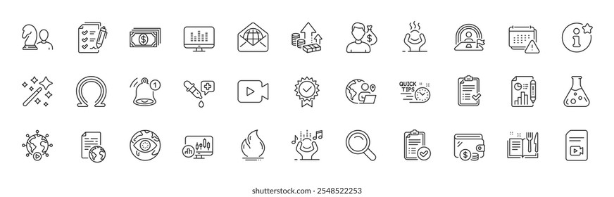 Omega, Survey checklist and Certificate line icons. Pack of Magic wand, Outsource work, Fire energy icon. Salary, Chemistry lab, Recipe book pictogram. Search, Report document, Quick tips. Vector