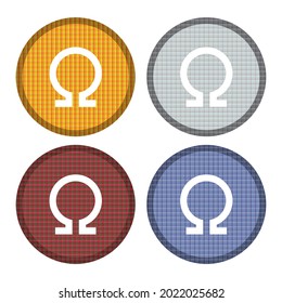 Ilustración del vector de botón Omega Symbol. Letra griega Omega con patrón textil. Plantilla de logotipo de símbolo Omega
