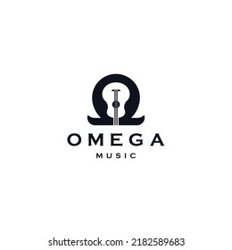 Omega symbol with Guitar shape,  omega music logo icon design template  flat vector illustration