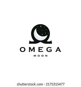 Omega symbol with moon shape. Omega moon logo icon desogn template flat vector