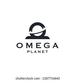 Omega symbol with planet shape logo icon design template flat vector illustration