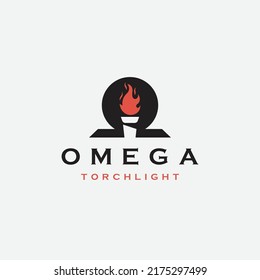 Omega symbol with torch shape logo icon design template flat vector illustration