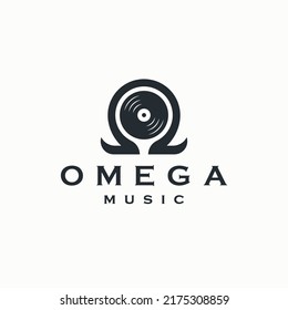 Omega symbol with vinyl record shape.  Omega music logo icon design template flat vector illustration