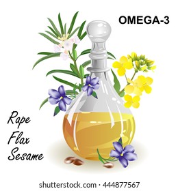 Omega-3 fatty acid sources. Set of herbs (rapeseed, flax, sesame) and glass jug with oil. Hand drawn vector illustration on white background.