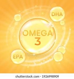 Complemento de ácido graso Omega-3, cápsula brillante de vitamina de aceite. Plantilla de diseño de gotas de aceite de pescado para publicidad o marca. Ilustración vectorial realista de la burbuja de la esencia dorada de la nutrición