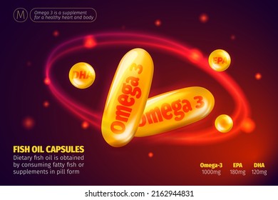 Omega-3 Fatty Acids gold shining pills capsule. Vitamin complex dietary supplement. Shining golden capsules or essence droplet. Meds for health ads. Vector